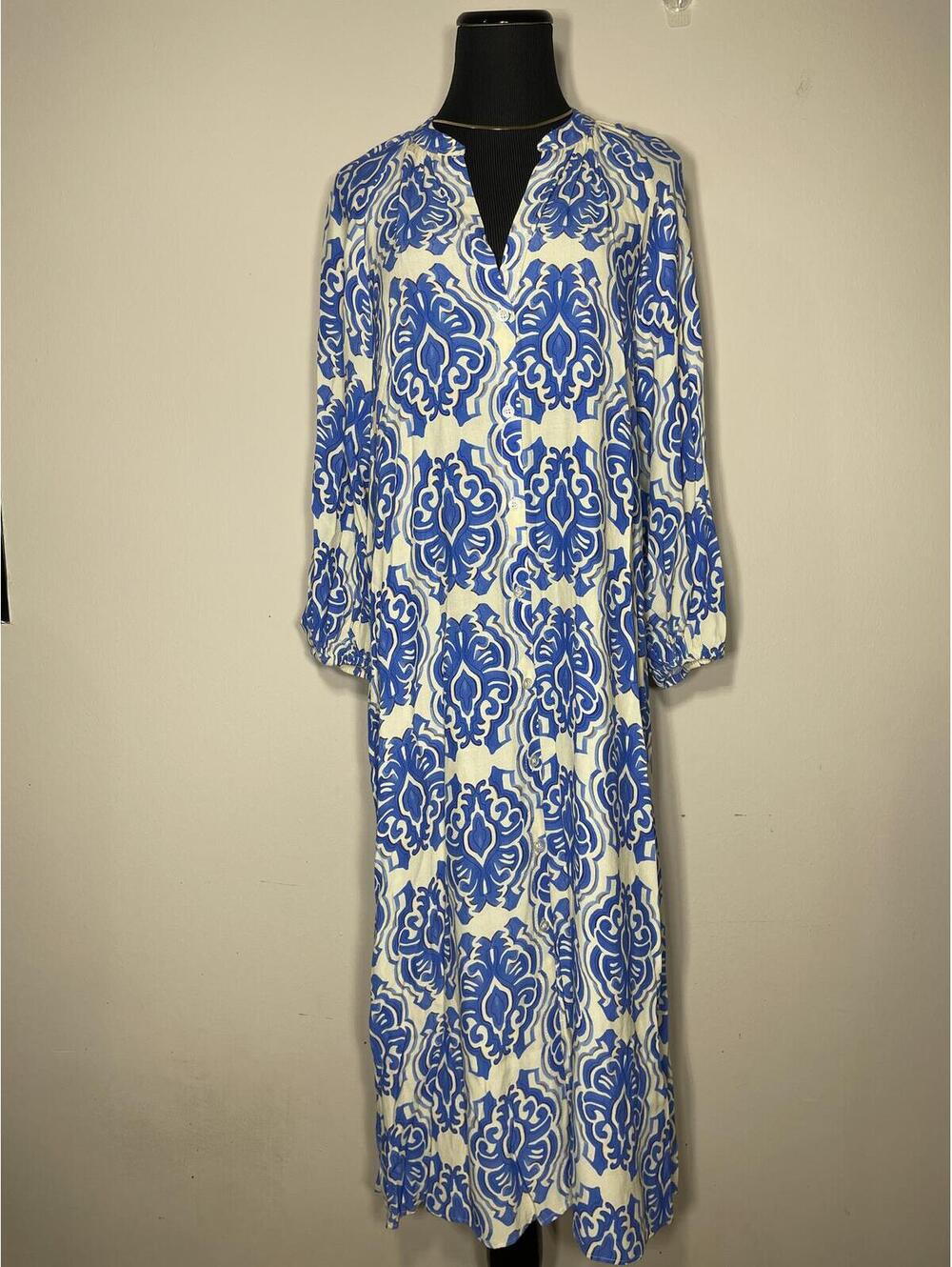 Zara Blue & White Printed Midi Dress Sz S Cruise Coastal